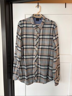 burnside Blue, Gray and Tan Plaid Flannel Shirt